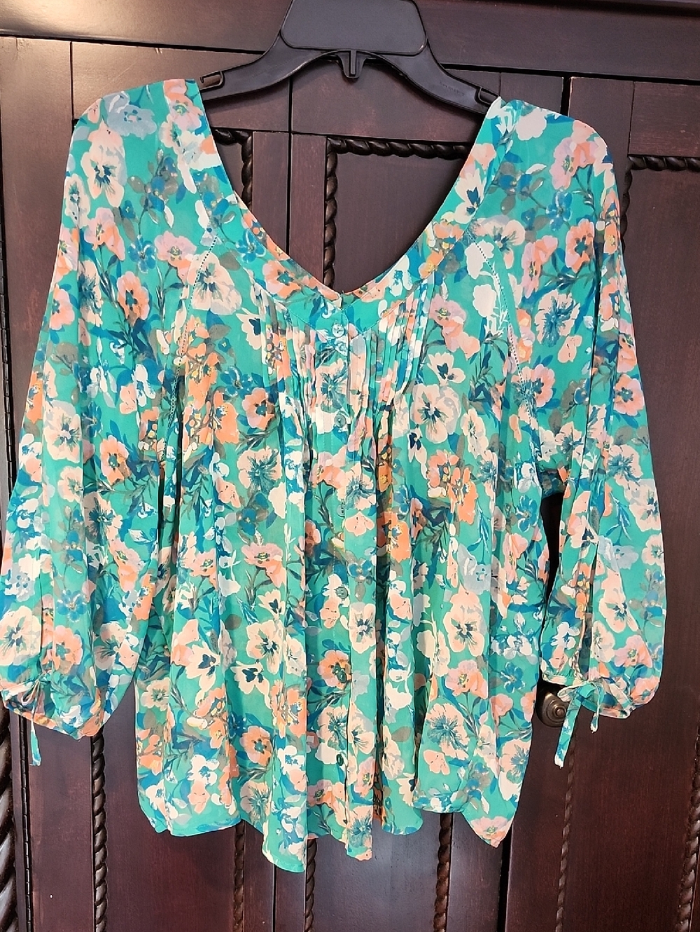 LC Lauren Conrad Floral V-Neck Peasant Blouse in Teal & Coral